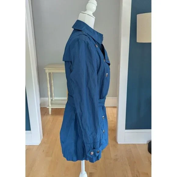 Burberry Brit Blue Women’s Sz 12 Double Breasted Short Trench Coat Lightweight - Picture 7 of 16